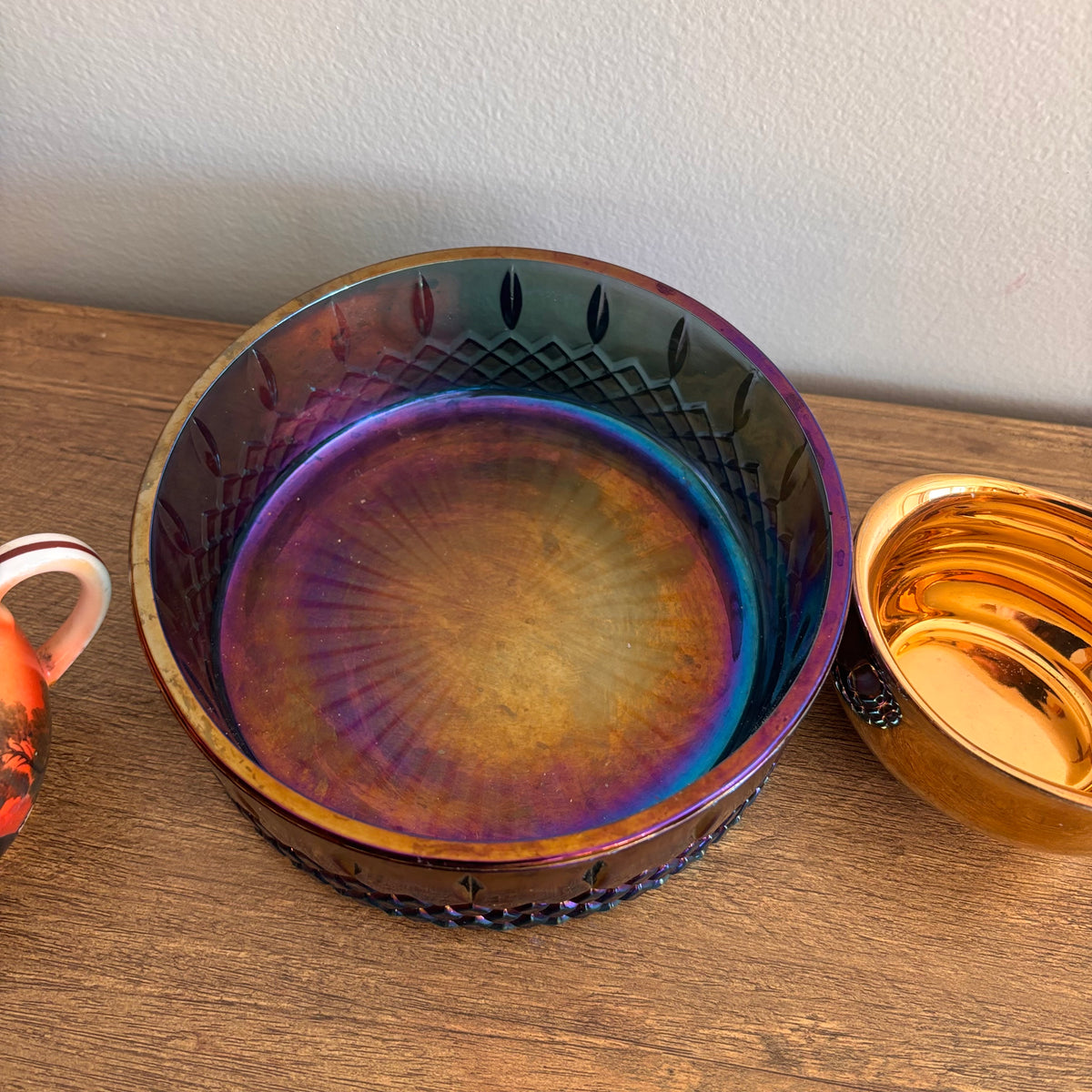 K377 Vintage Decor Grouping (carnival glass candy dish and more)