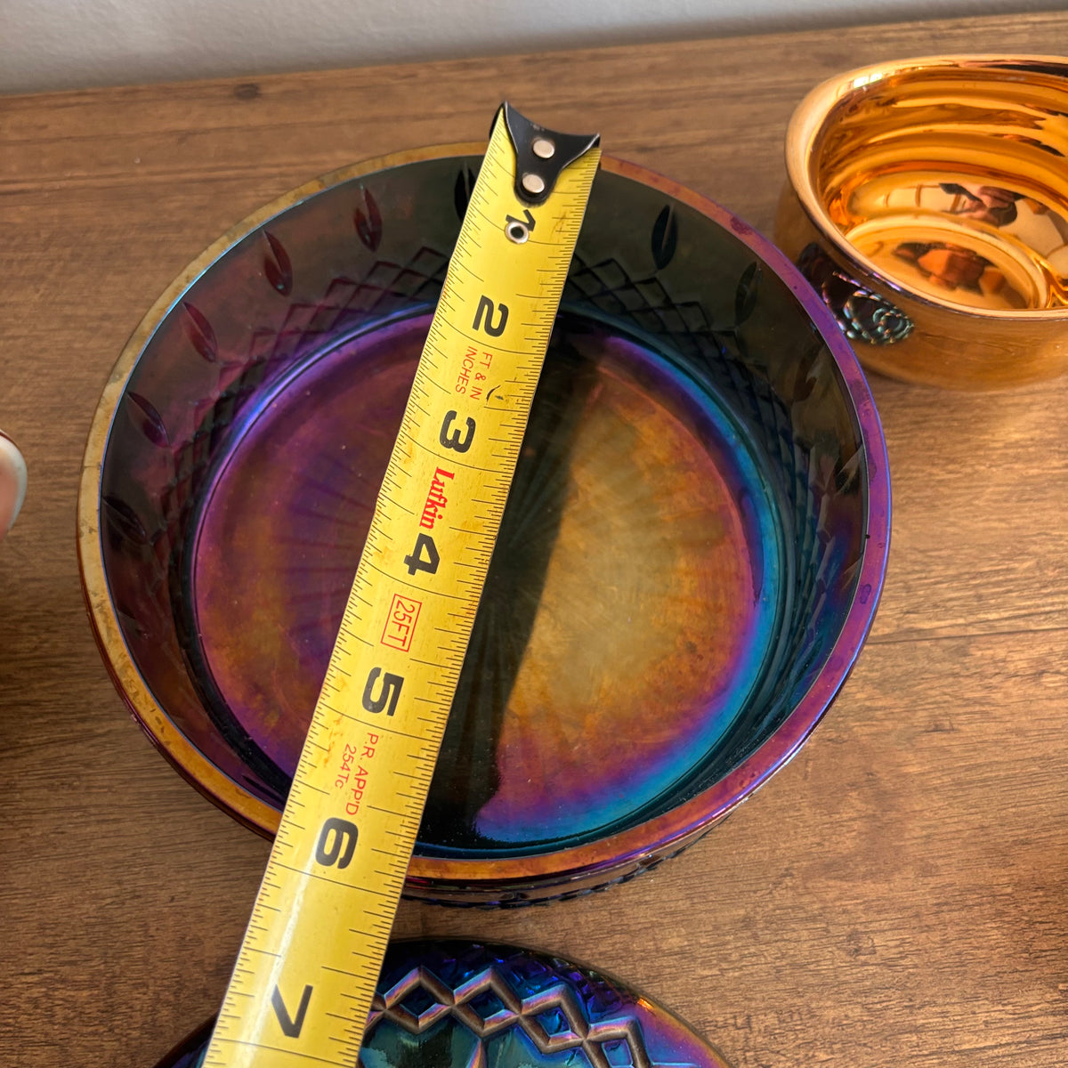 K377 Vintage Decor Grouping (carnival glass candy dish and more)