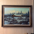 K389 Vintage framed painting (snowy cabin, 42" x 30")