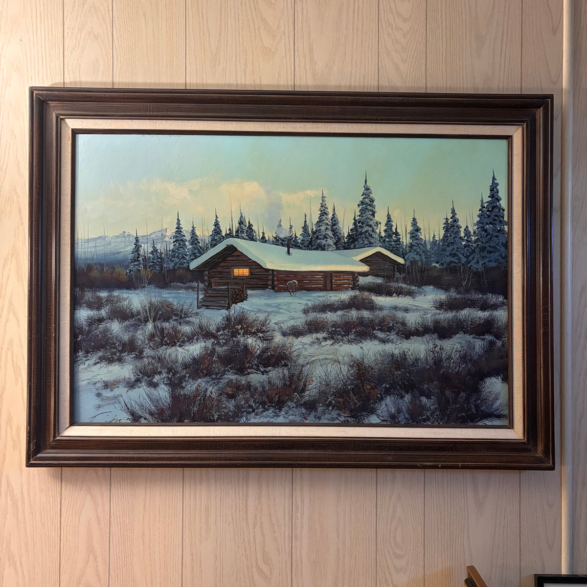 K389 Vintage framed painting (snowy cabin, 42" x 30")