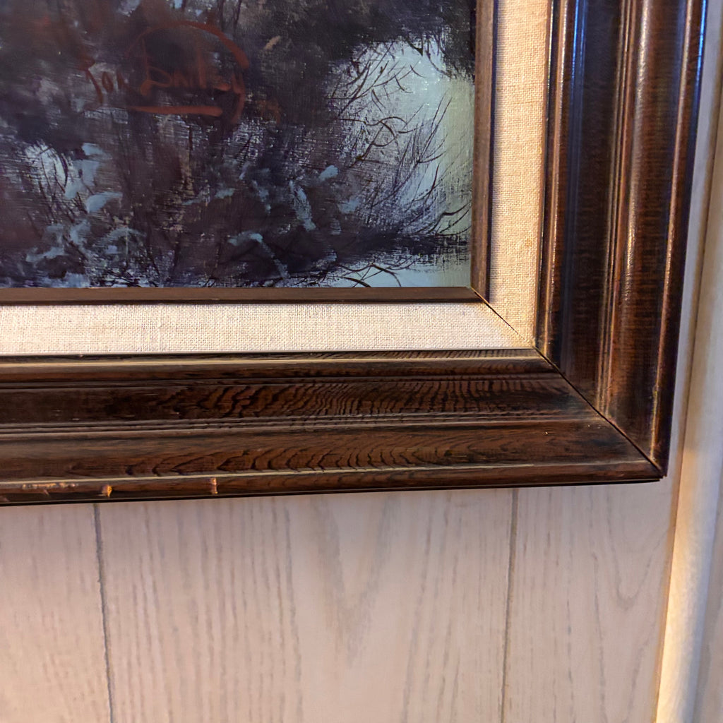 K389 Vintage framed painting (snowy cabin, 42" x 30")