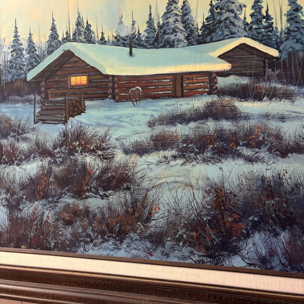 K389 Vintage framed painting (snowy cabin, 42" x 30")