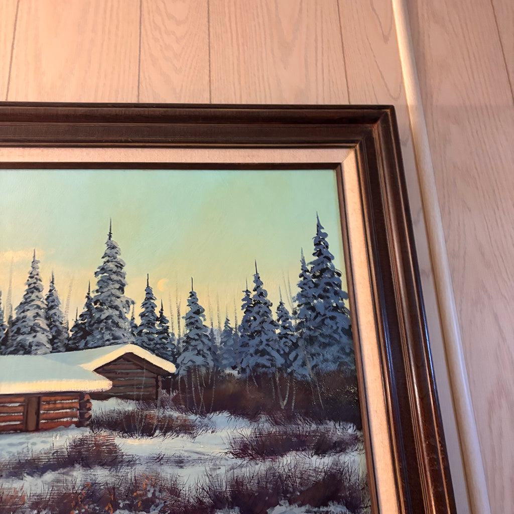 K389 Vintage framed painting (snowy cabin, 42" x 30")
