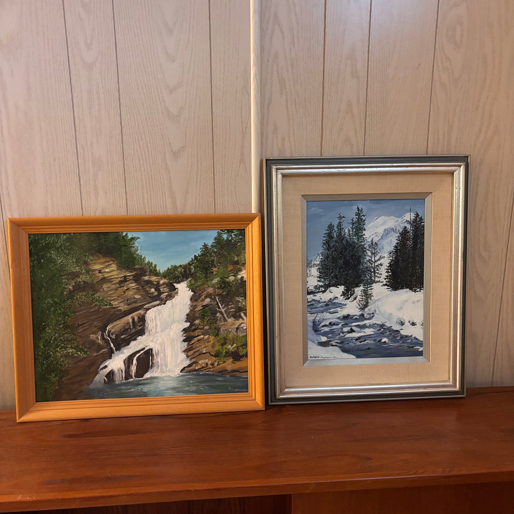 K390 Set of 2 framed vintage paintings (mountain scenes)