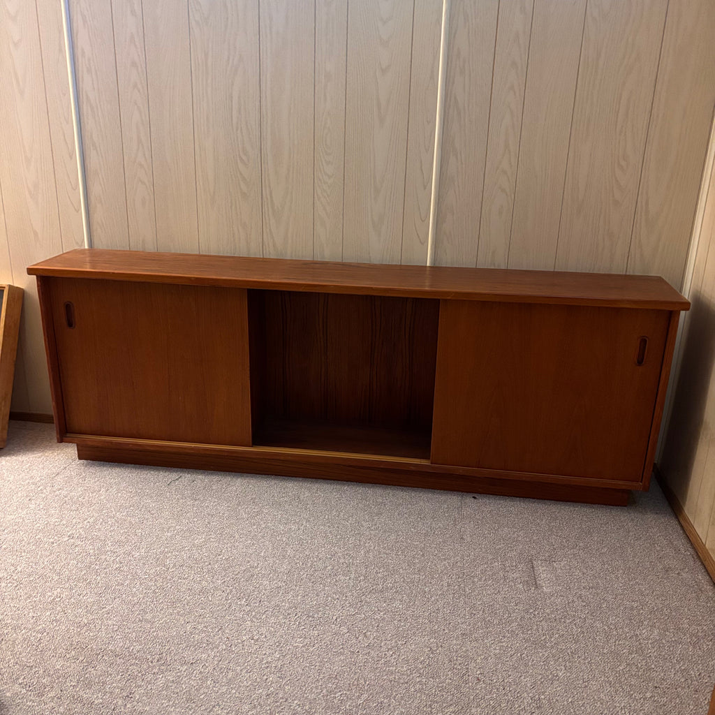 K395 78" Long Mid Century Modern Solid Teak Cyma Sunrise credenza with sliding doors