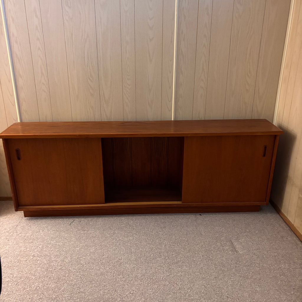 K395 78" Long Mid Century Modern Solid Teak Cyma Sunrise credenza with sliding doors