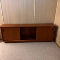 K395 78" Long Mid Century Modern Solid Teak Cyma Sunrise credenza with sliding doors