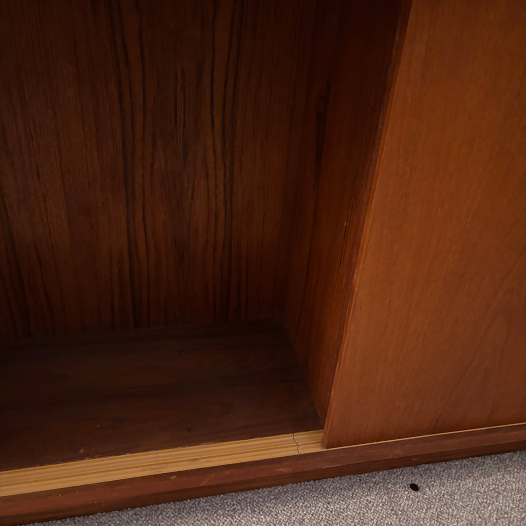 K395 78" Long Mid Century Modern Solid Teak Cyma Sunrise credenza with sliding doors