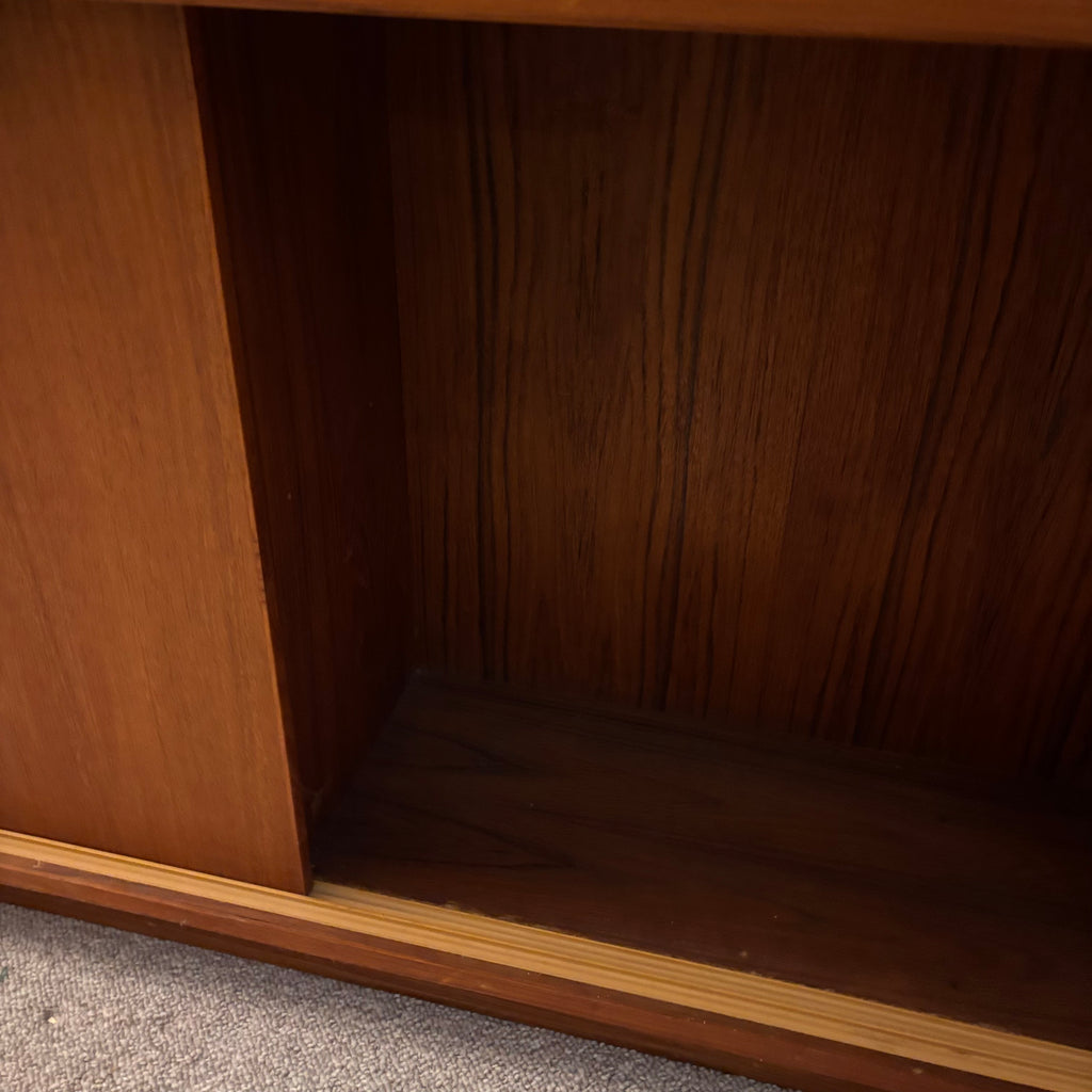 K395 78" Long Mid Century Modern Solid Teak Cyma Sunrise credenza with sliding doors