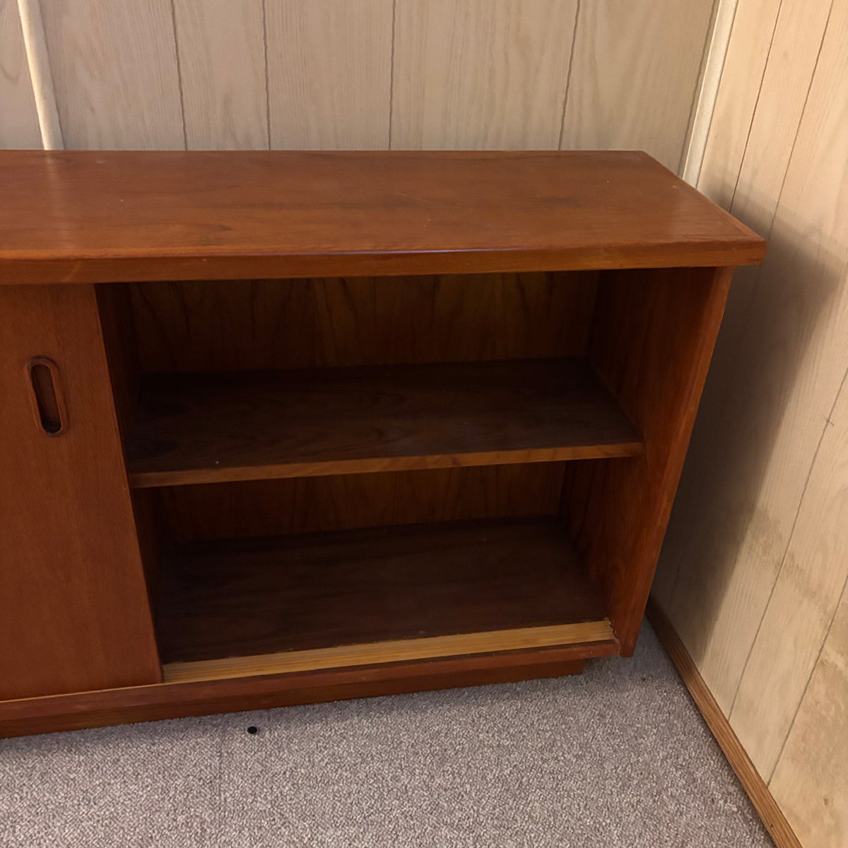 K395 78" Long Mid Century Modern Solid Teak Cyma Sunrise credenza with sliding doors