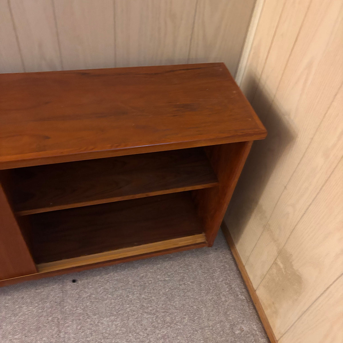 K395 78" Long Mid Century Modern Solid Teak Cyma Sunrise credenza with sliding doors