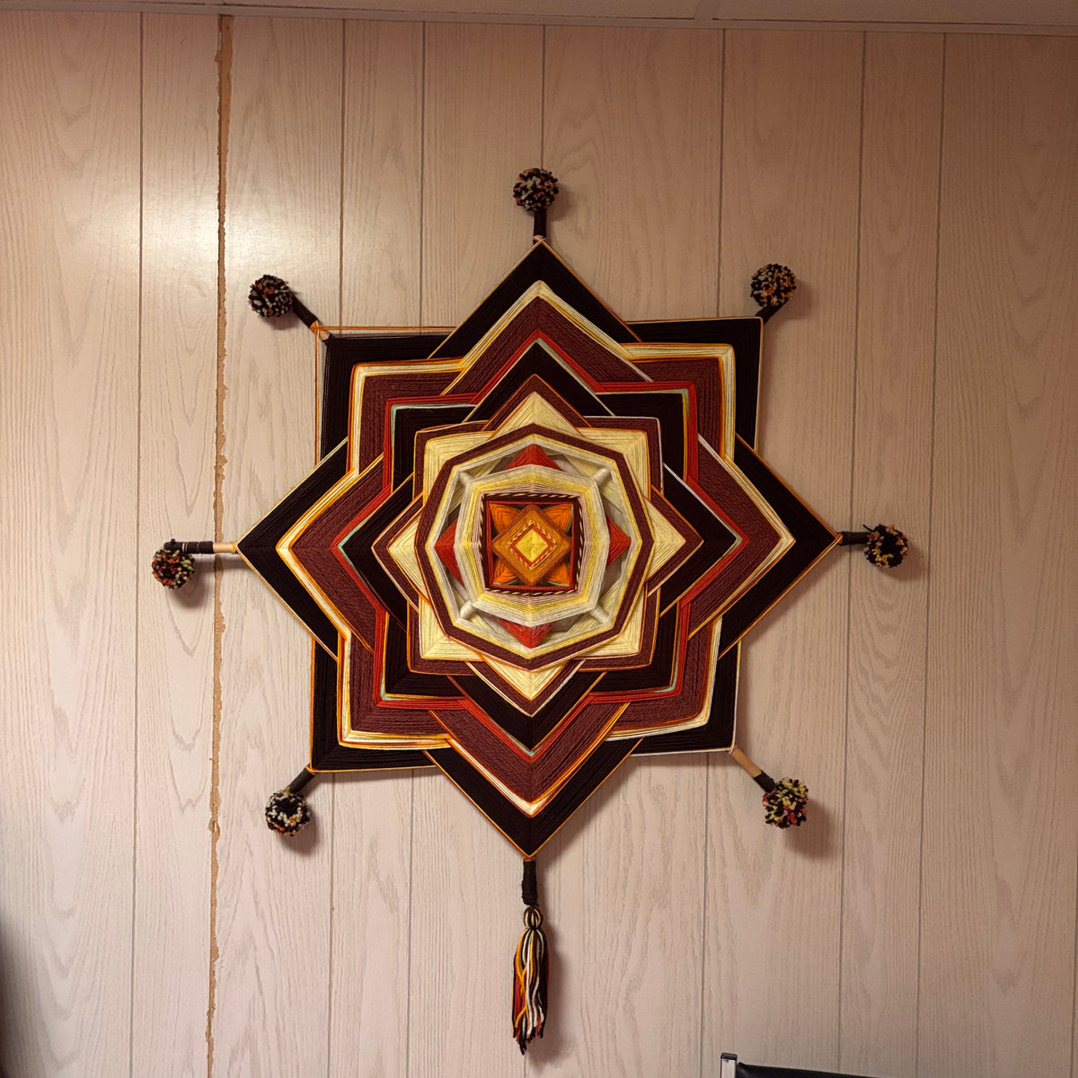 K500 Set of 2 Large Vintage Gods Eye mandala style yarn wall hanging (36" x 40")