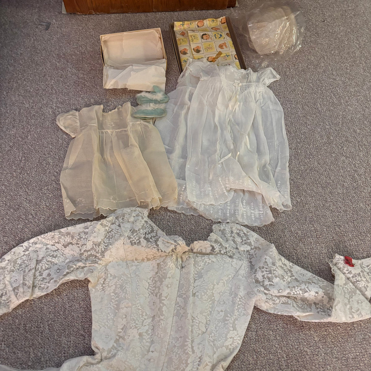 K507 Vintage Clothing Grouping (wedding dress and baby clothes)