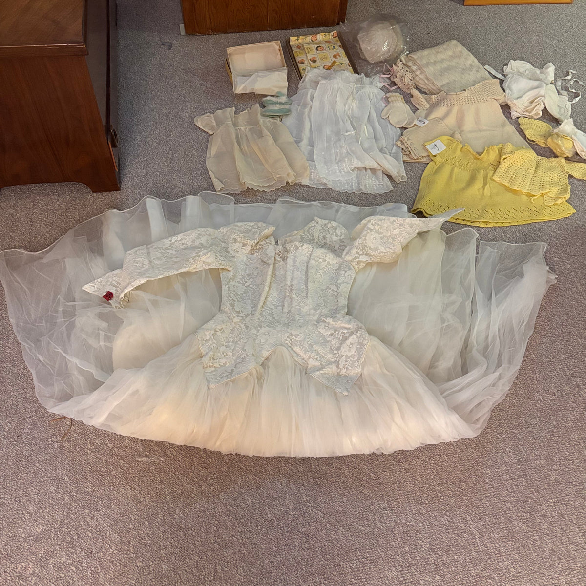 K507 Vintage Clothing Grouping (wedding dress and baby clothes)
