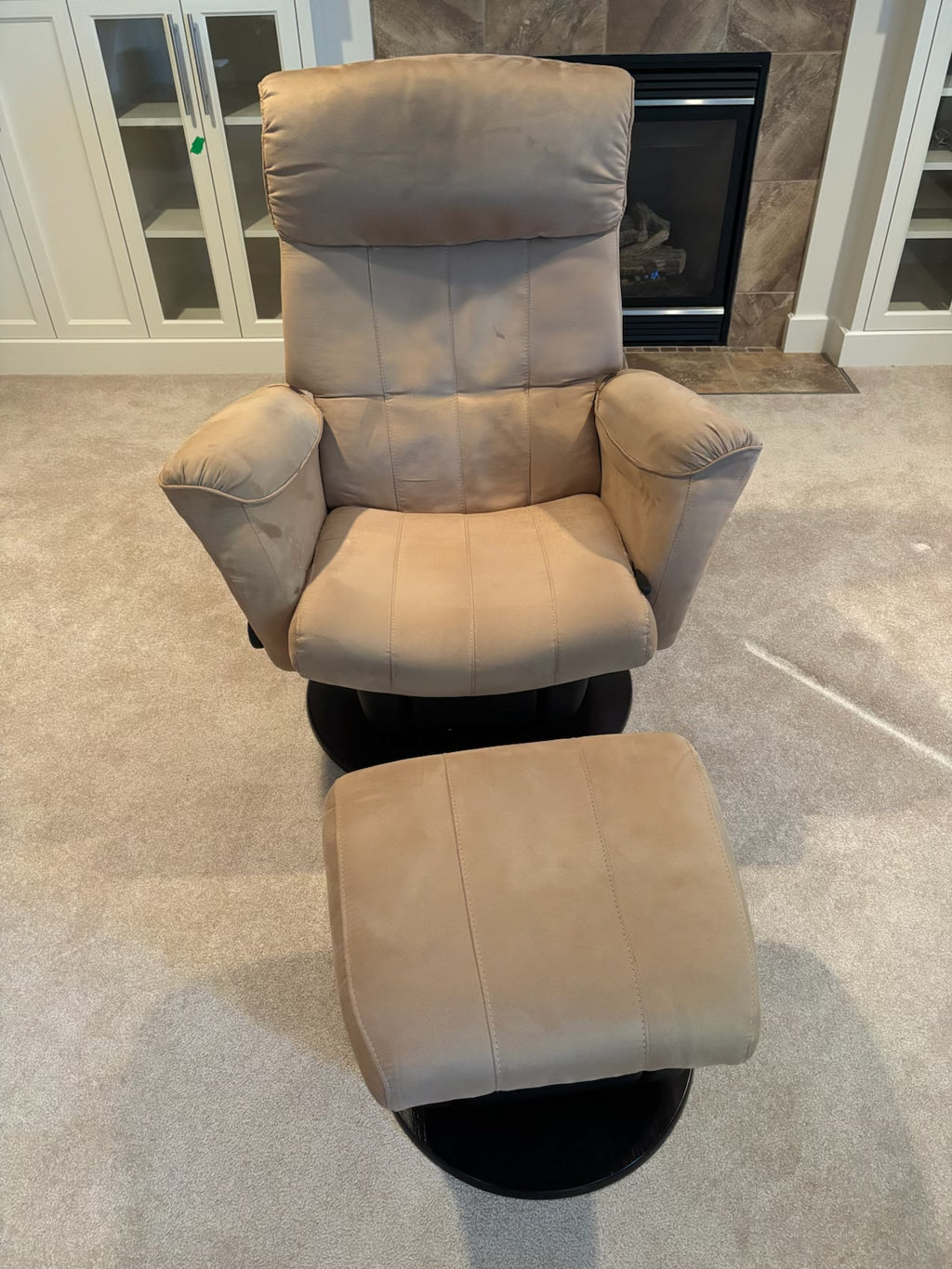 X101 Dutailior light colored microsuede reclining glider and footstool