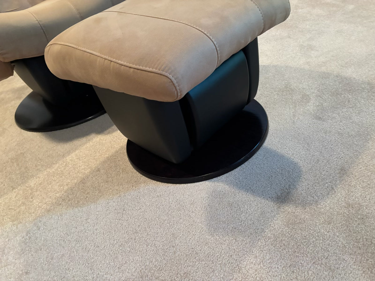 X101 Dutailior light colored microsuede reclining glider and footstool