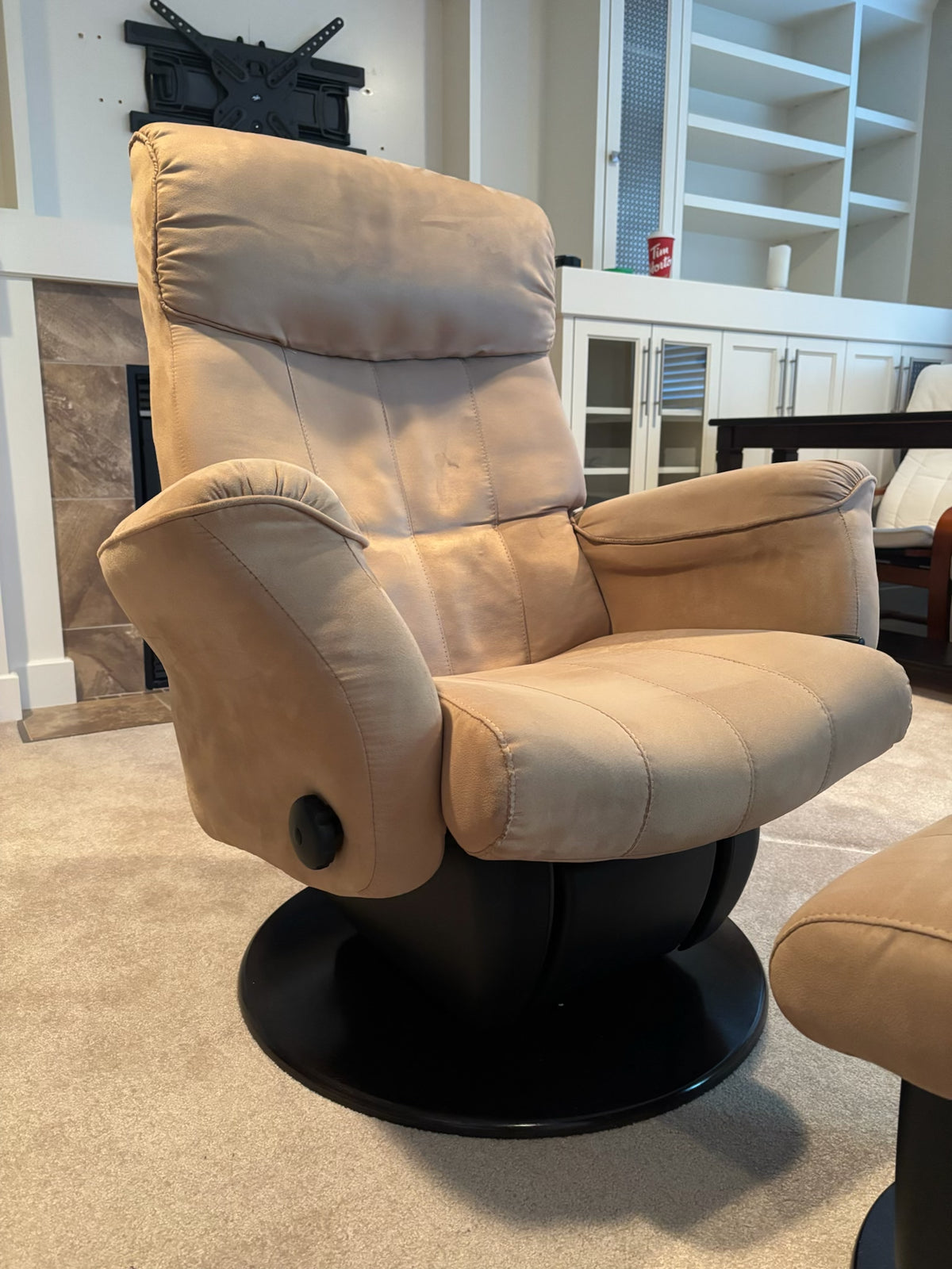 X101 Dutailior light colored microsuede reclining glider and footstool
