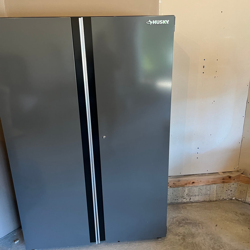 X303 Husky 2 door steel garage cabinet with shelving