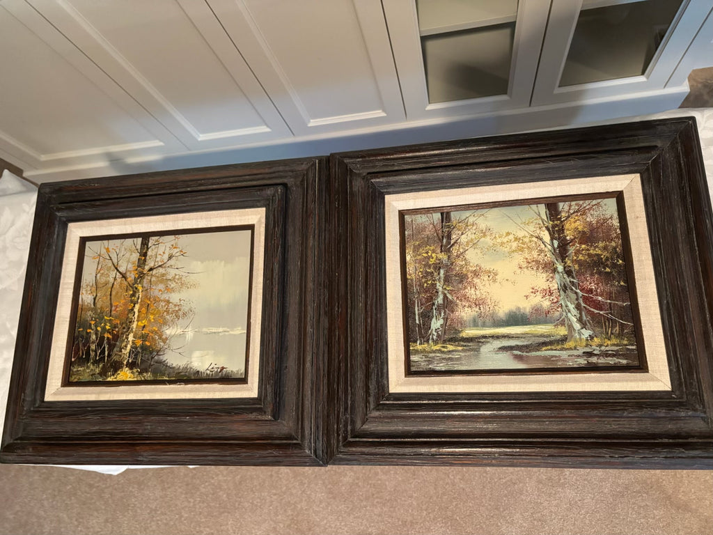 X117 Set of 2 vintage wood framed autumn scene paintings
