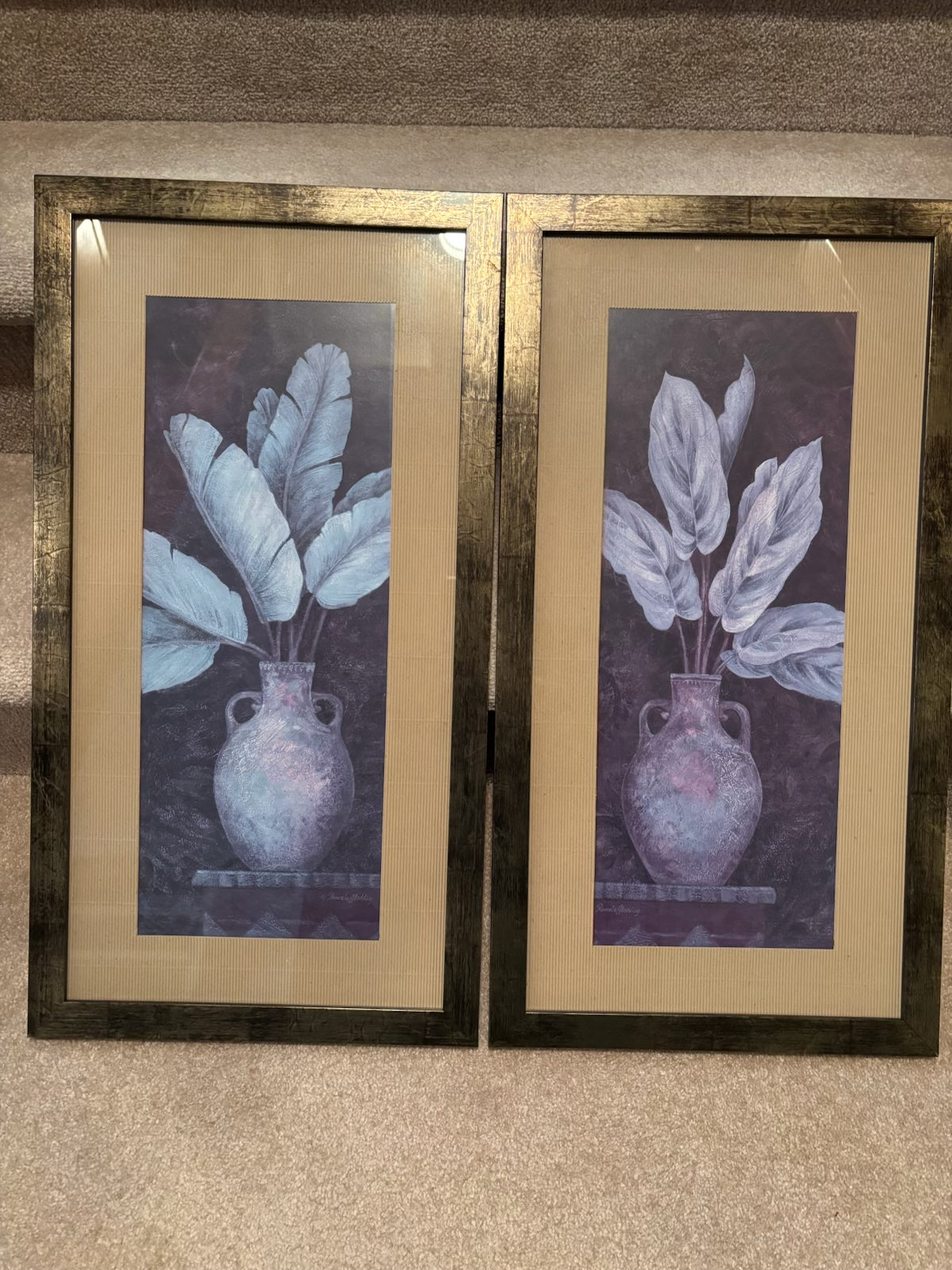 X128 Set of 2 framed floral artworks with brushed metal frames