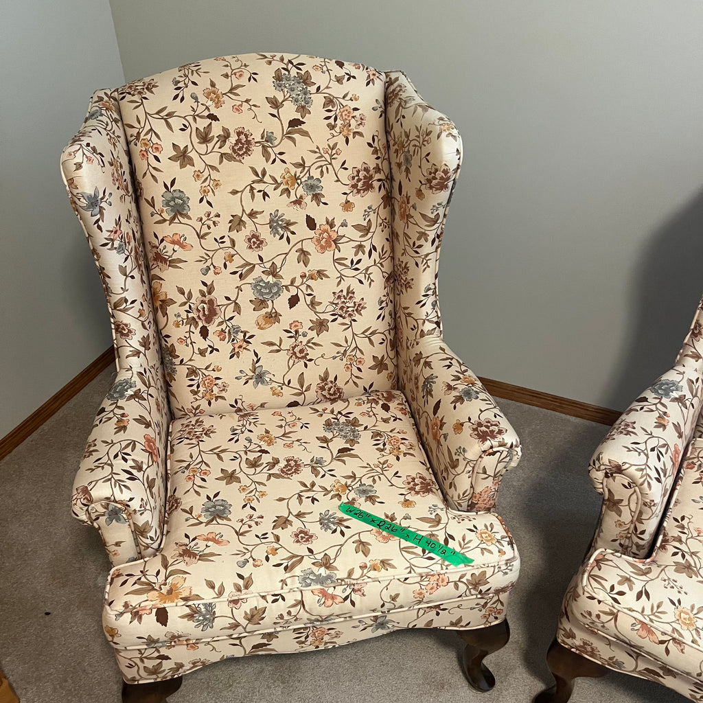X317 Pair of vintage wingback chairs with floral upholstery