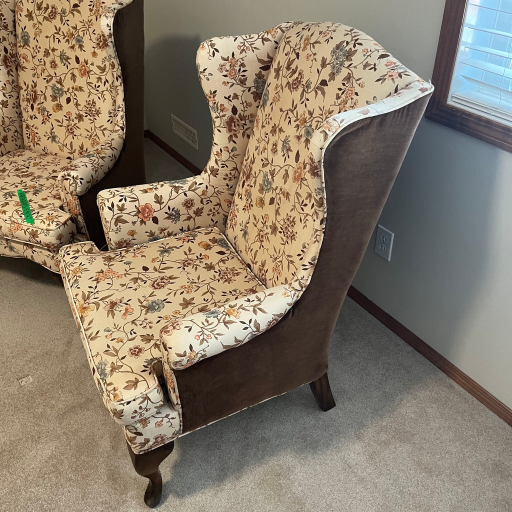 X317 Pair of vintage wingback chairs with floral upholstery