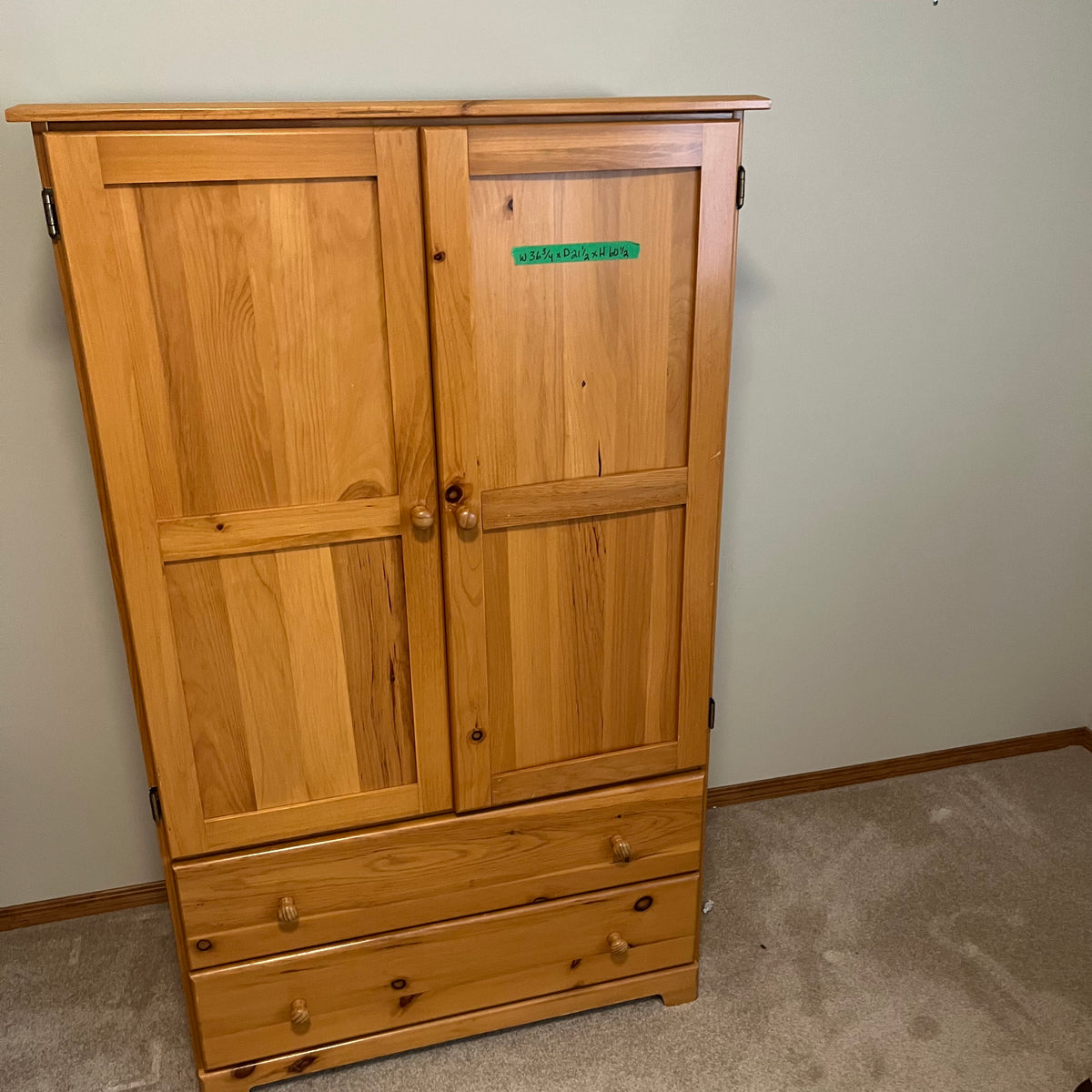 X134 Pine armoire with two drawers (36" x 22" x 61")