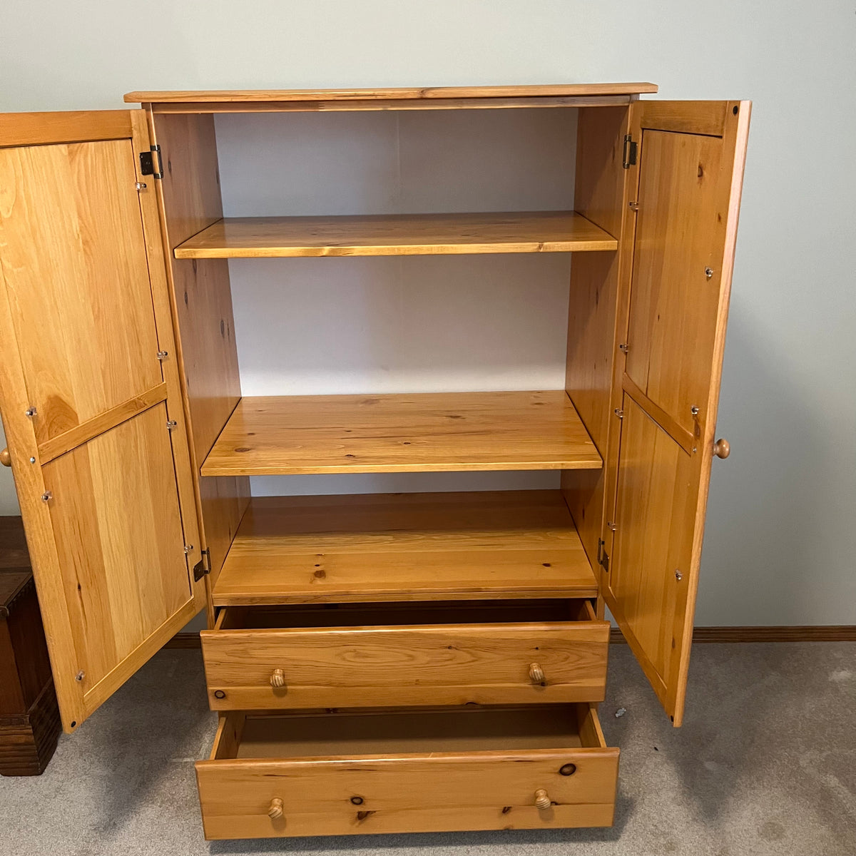 X134 Pine armoire with two drawers (36" x 22" x 61")