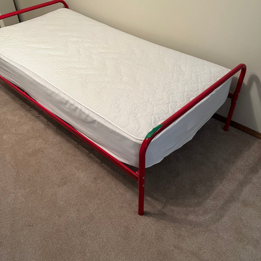 X164 Red metal framed twin bed fame with twin mattress