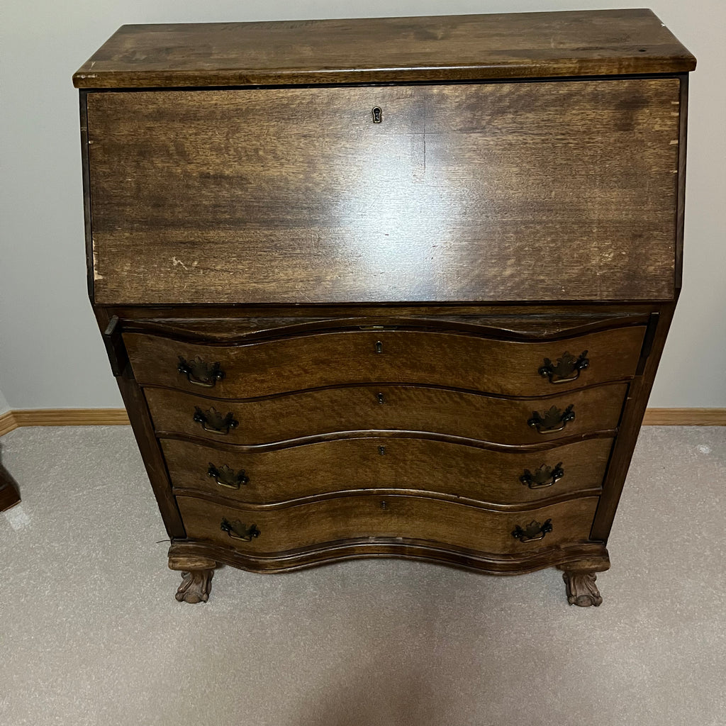 Y300 Antique solid wood 4 drawer serpentine front secretary desk (39" x 33" x 16")
