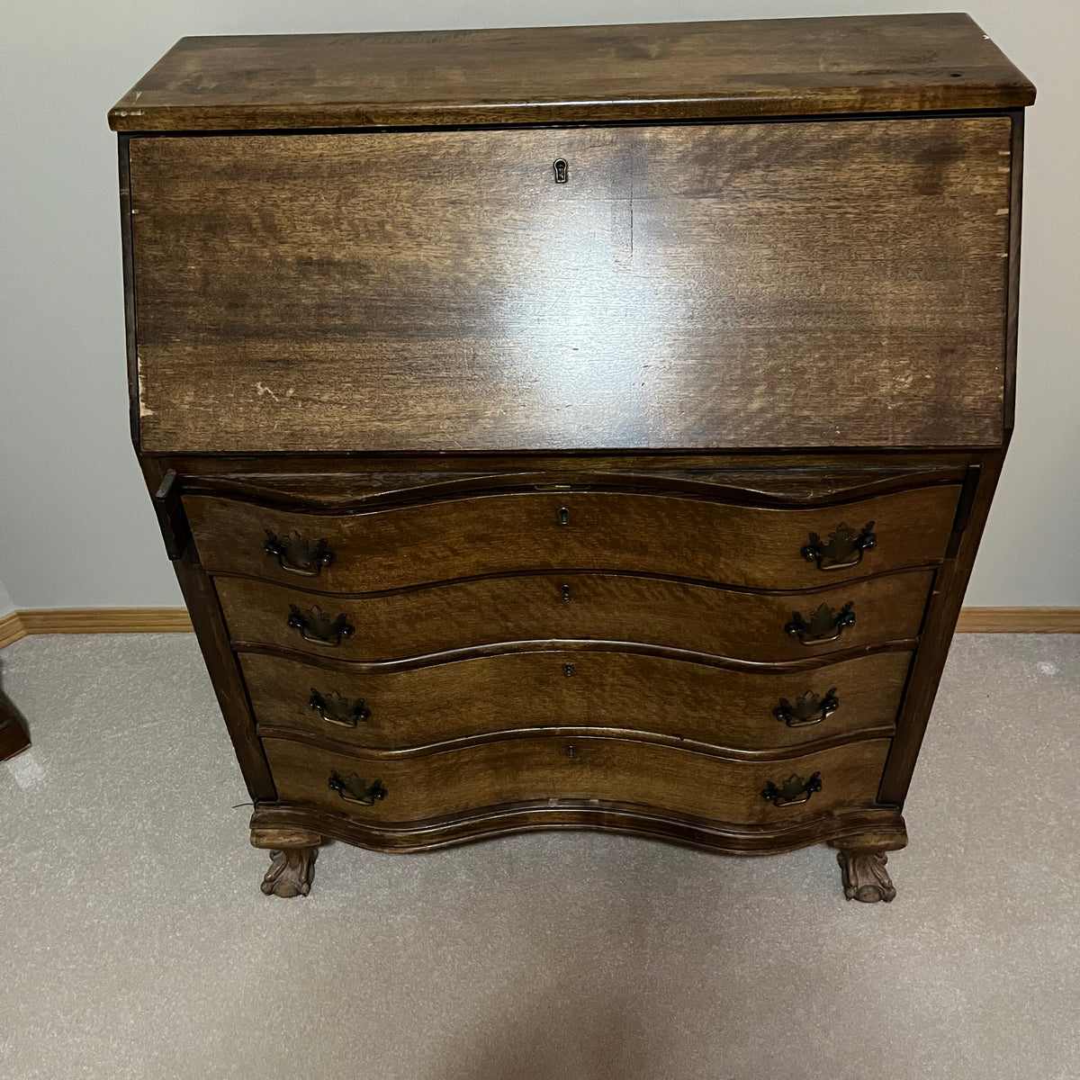 Y300 Antique solid wood 4 drawer serpentine front secretary desk (39" x 33" x 16")