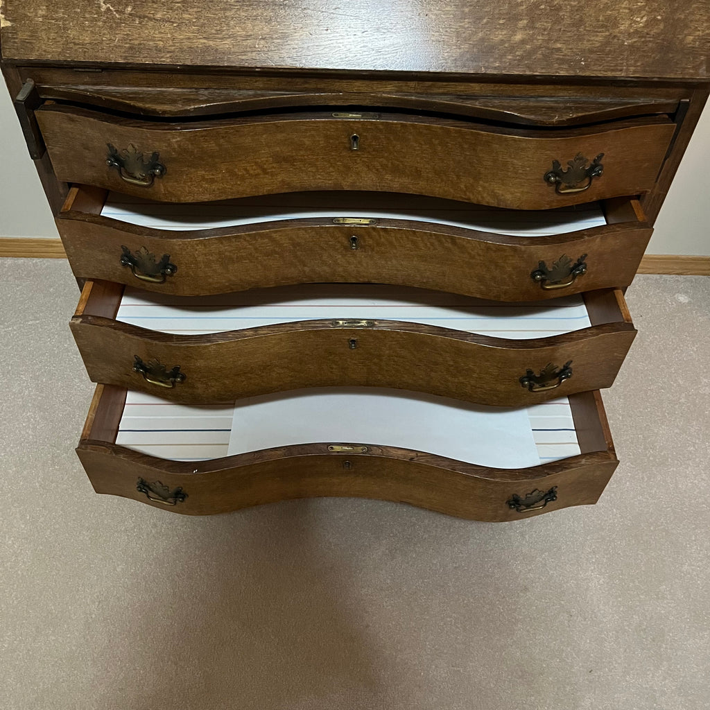 Y300 Antique solid wood 4 drawer serpentine front secretary desk (39" x 33" x 16")