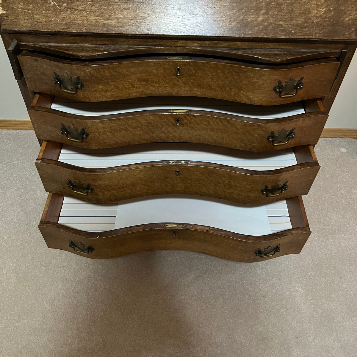 Y300 Antique solid wood 4 drawer serpentine front secretary desk (39" x 33" x 16")