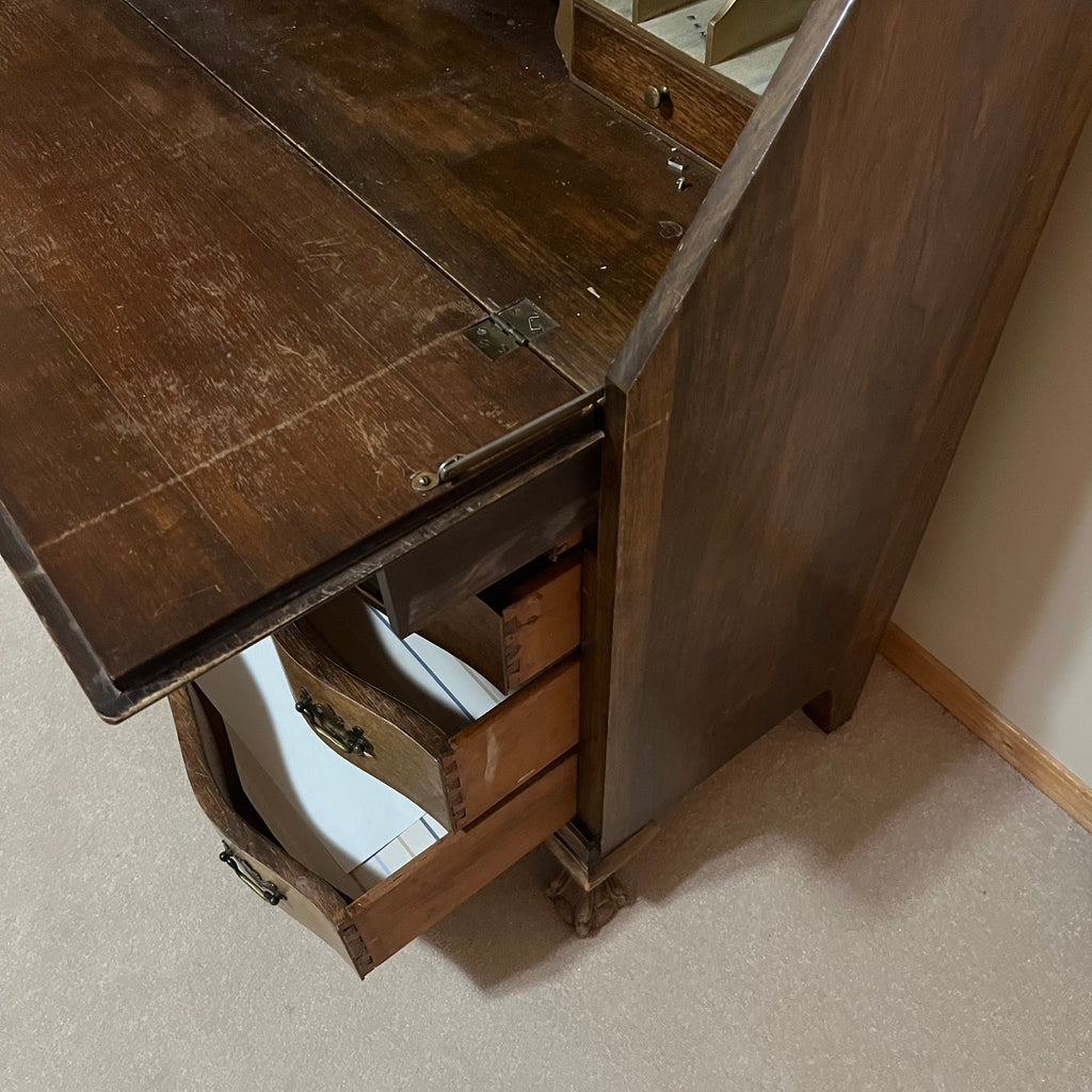 Y300 Antique solid wood 4 drawer serpentine front secretary desk (39" x 33" x 16")