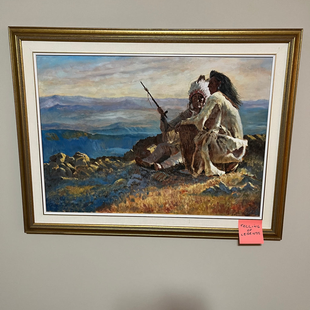 Y301 Vintage original oil on canvas with ornate frame (H. Reimer copy of Howard “Telling of the Legends”)