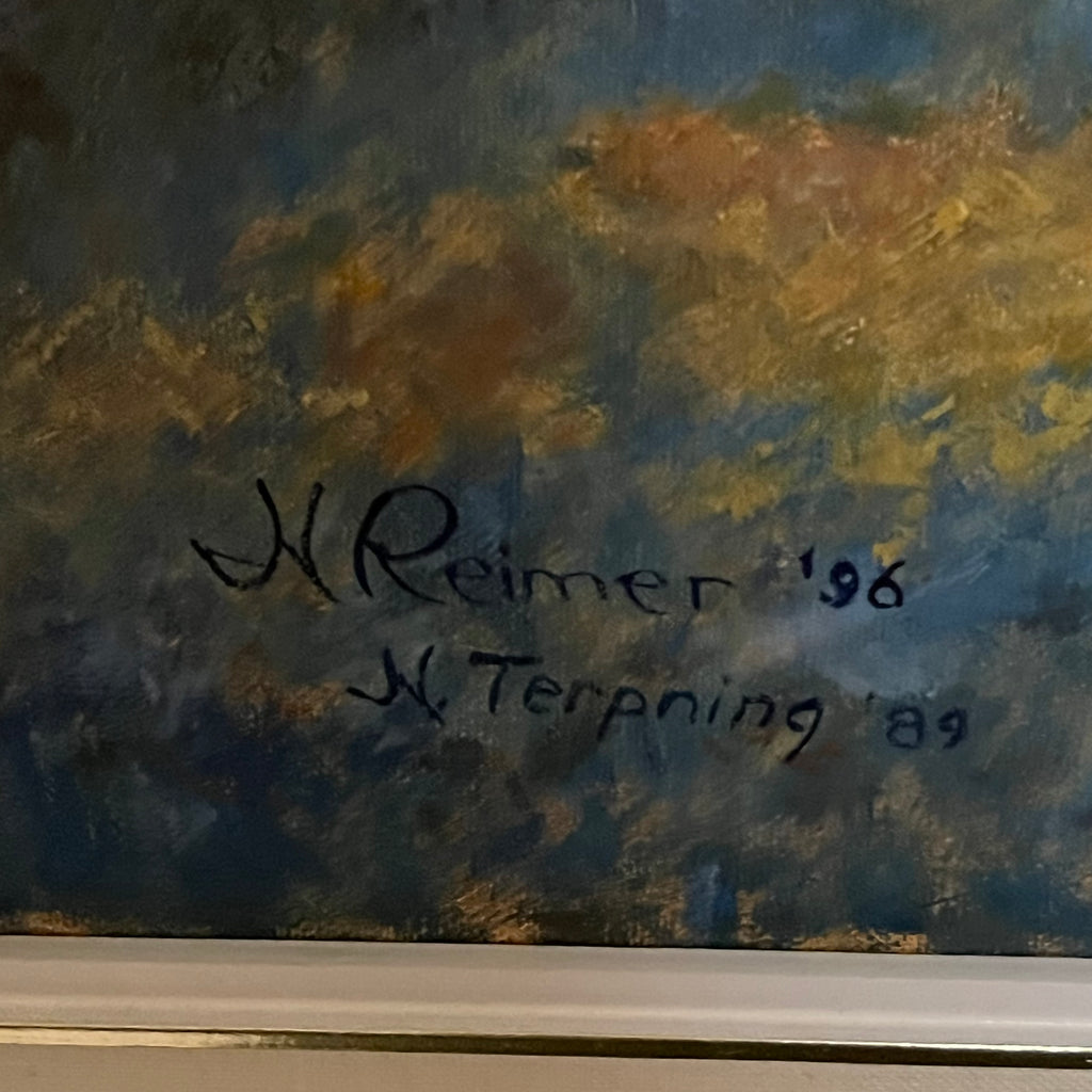 Y301 Vintage original oil on canvas with ornate frame (H. Reimer copy of Howard “Telling of the Legends”)
