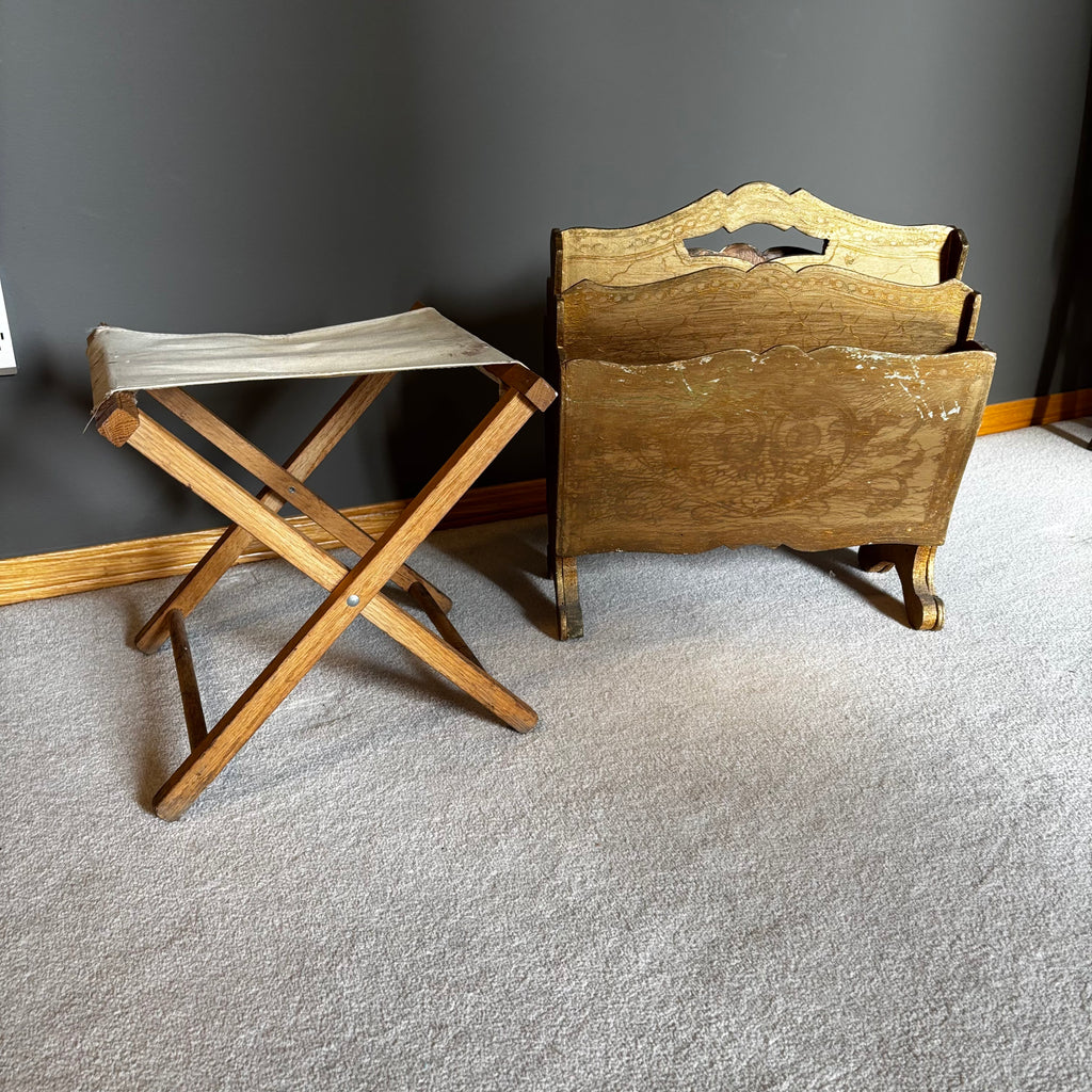 Y104 Antique wooden magazine rack and clothing stool