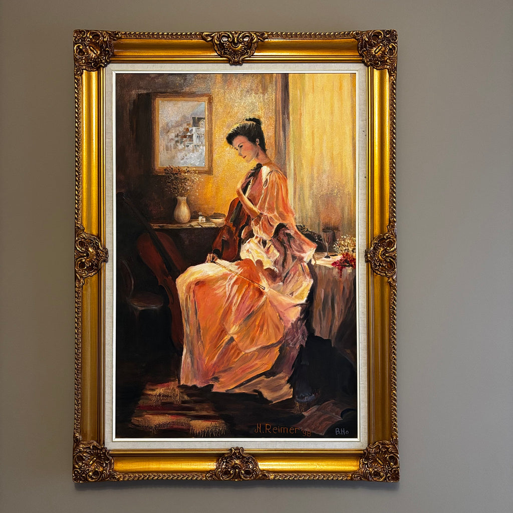 Y106 Vintage original painting on canvas with ornate frame (H. Reimer copy of B. Ho painting)