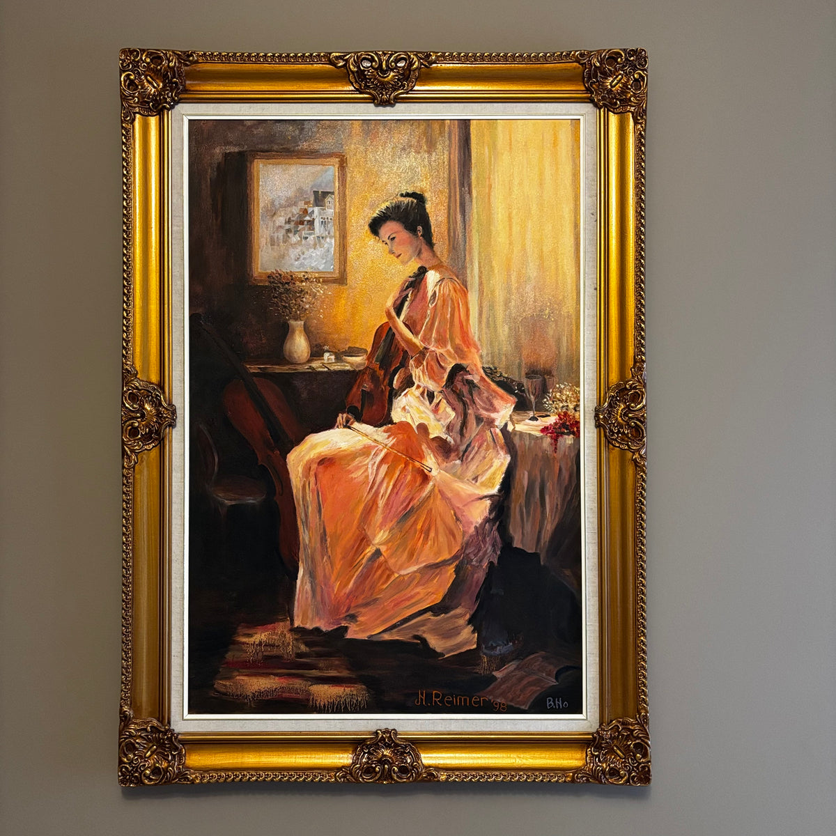 Y106 Vintage original painting on canvas with ornate frame (H. Reimer copy of B. Ho painting)
