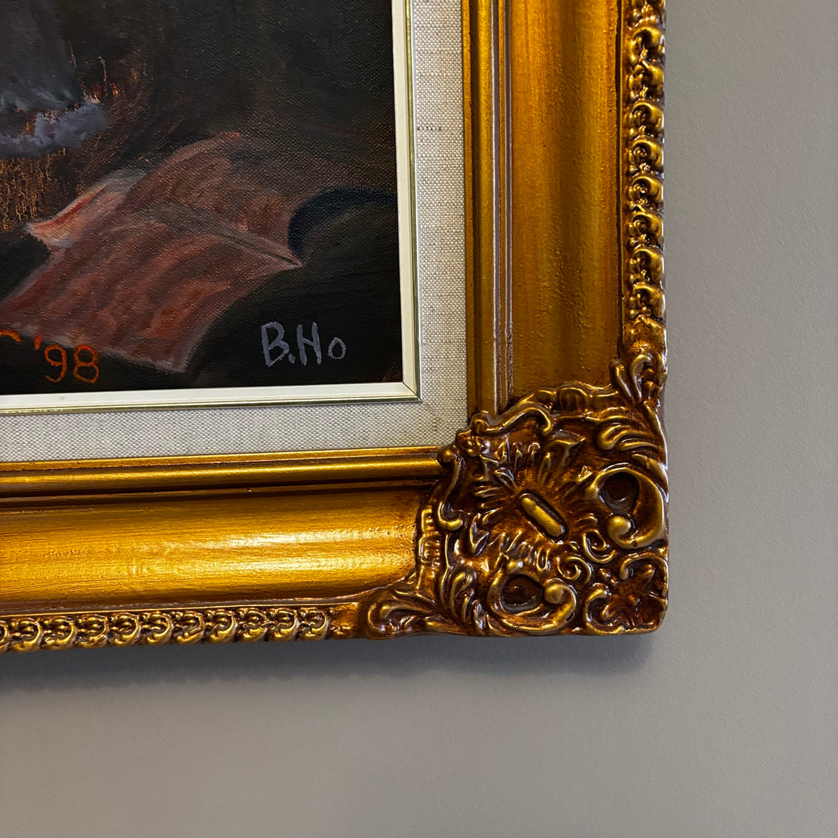 Y106 Vintage original painting on canvas with ornate frame (H. Reimer copy of B. Ho painting)