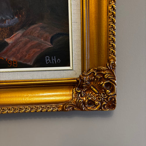 Y106 Vintage original painting on canvas with ornate frame (H. Reimer copy of B. Ho painting)