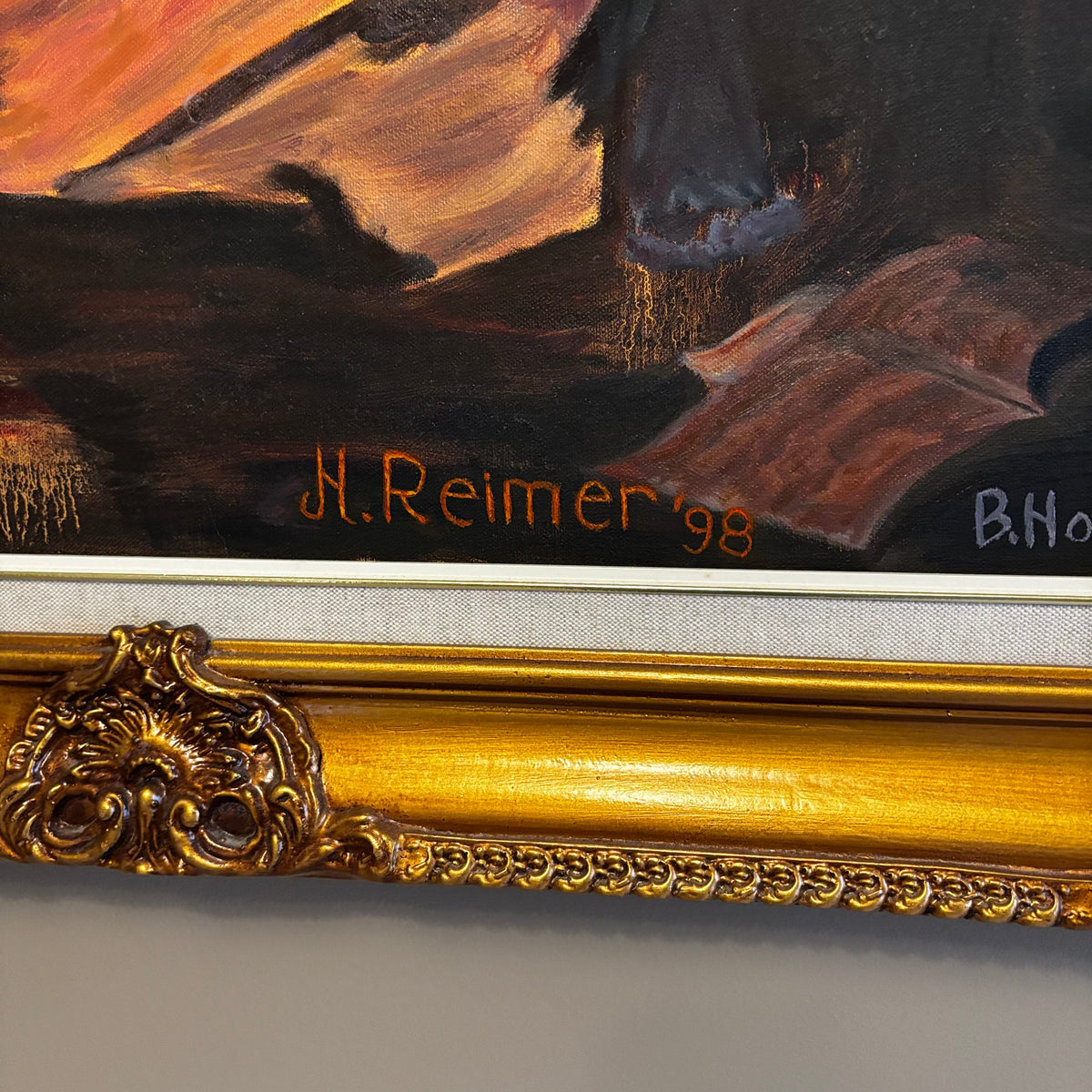 Y106 Vintage original painting on canvas with ornate frame (H. Reimer copy of B. Ho painting)