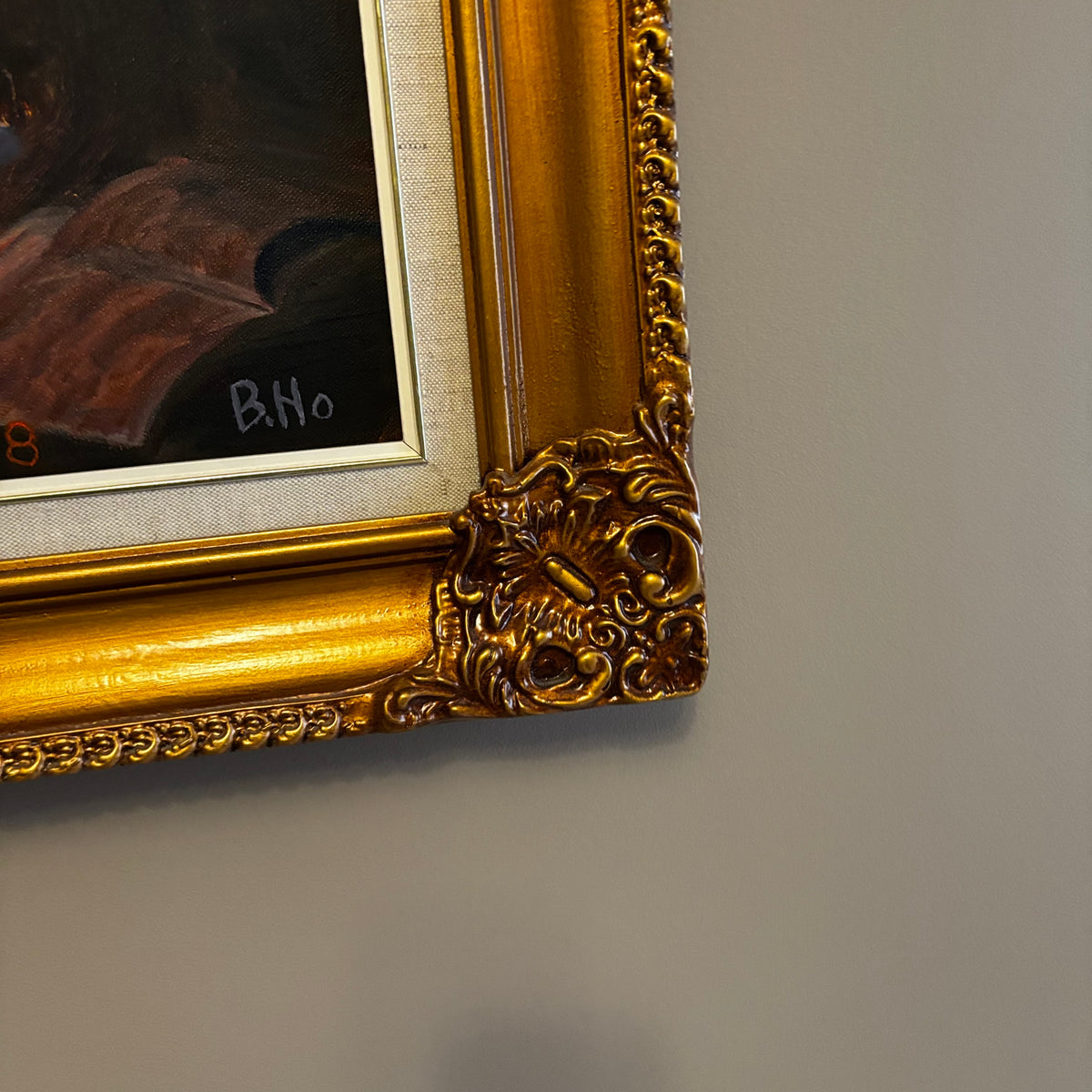 Y106 Vintage original painting on canvas with ornate frame (H. Reimer copy of B. Ho painting)