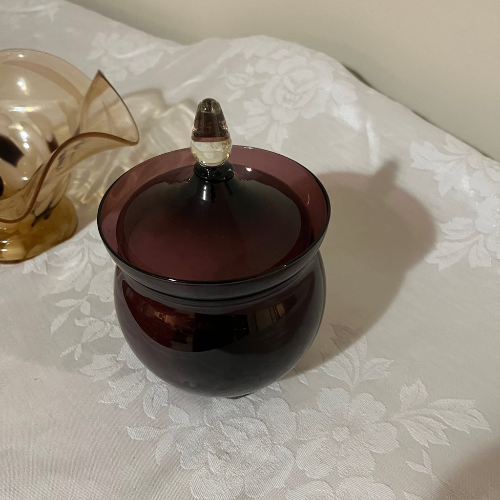 Y356 Art glass bowl and purple glass jar with lid