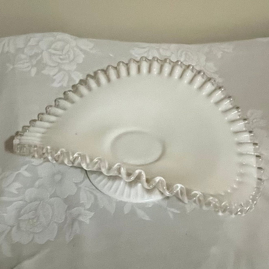 Y357 10" wide Vintage Fenton Silver Crest Milk Glass Banana Boat, Ruffled Edge Bowl
