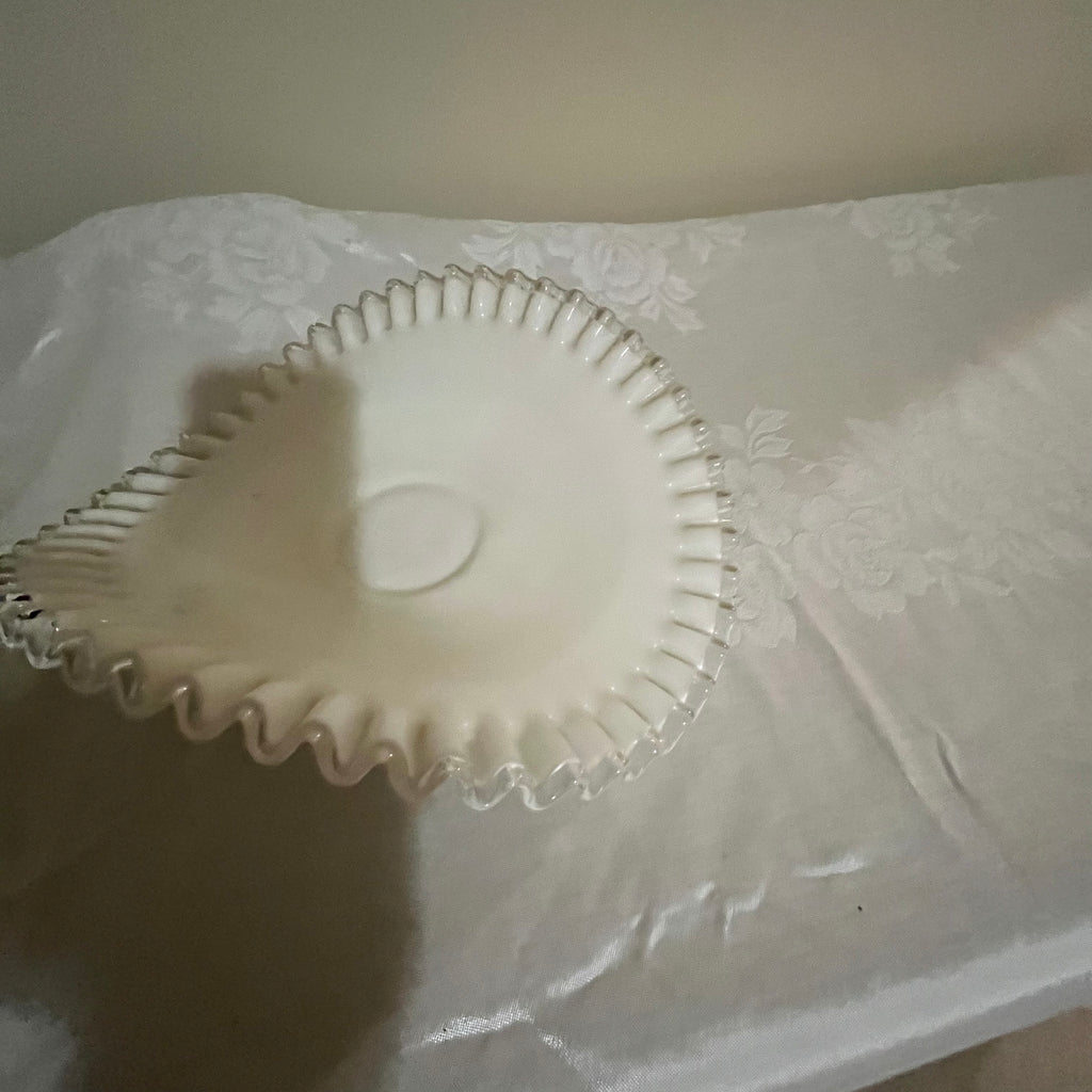 Y357 10" wide Vintage Fenton Silver Crest Milk Glass Banana Boat, Ruffled Edge Bowl