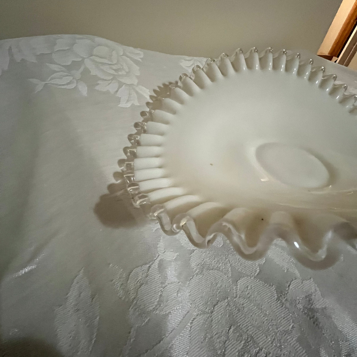 Y357 10" wide Vintage Fenton Silver Crest Milk Glass Banana Boat, Ruffled Edge Bowl