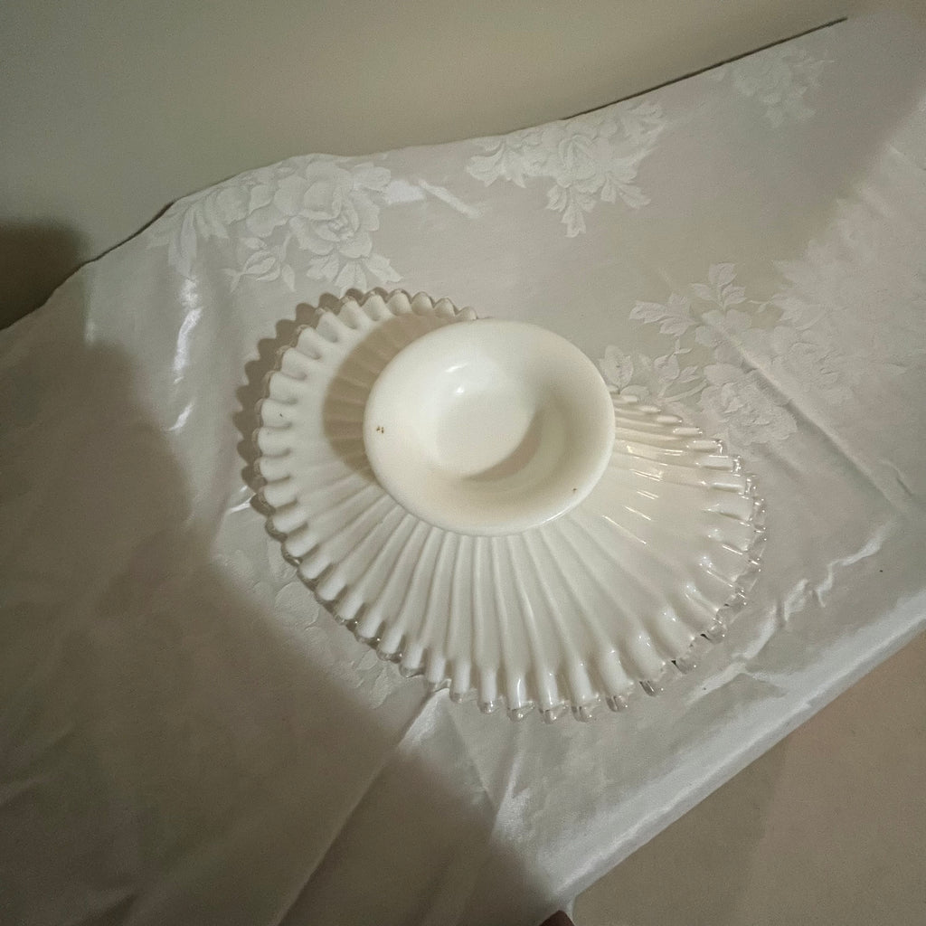 Y357 10" wide Vintage Fenton Silver Crest Milk Glass Banana Boat, Ruffled Edge Bowl