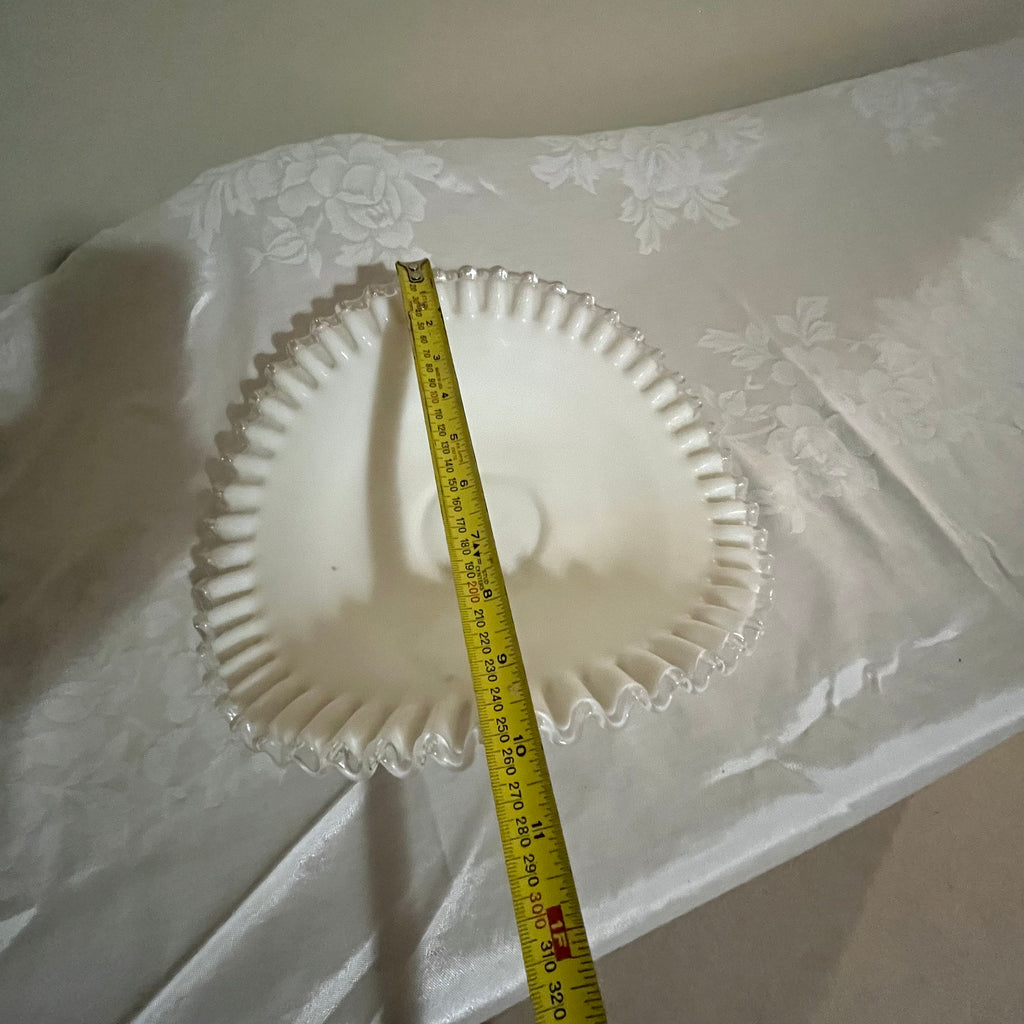 Y357 10" wide Vintage Fenton Silver Crest Milk Glass Banana Boat, Ruffled Edge Bowl