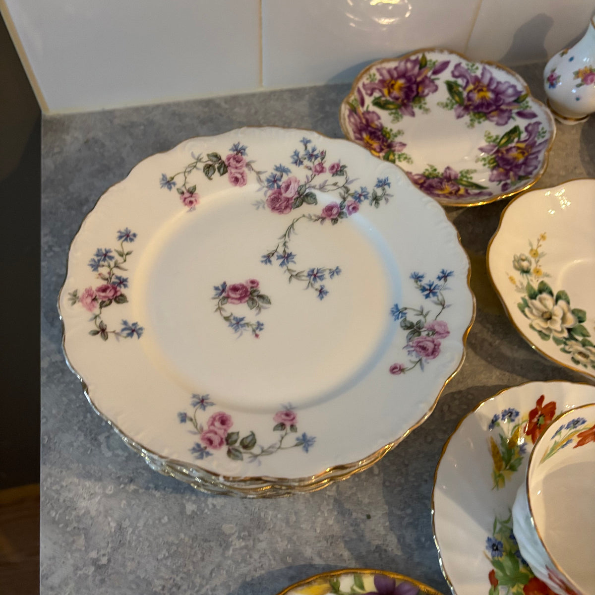 Y135 Assorted China Grouping (Royal Albert, Delphine, and more)